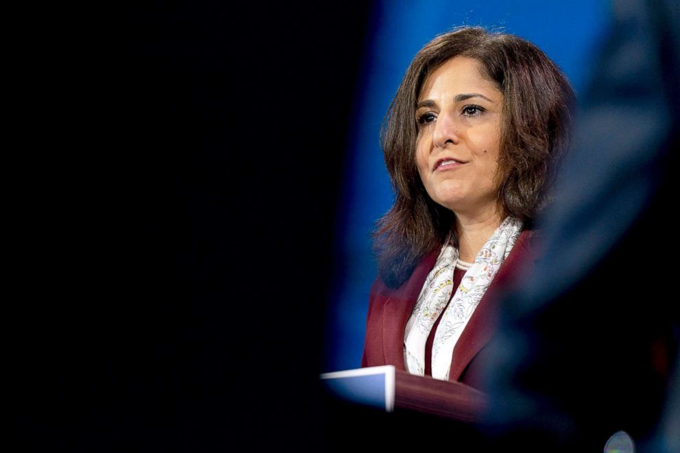 PHOTO: Neera Tanden speaks at The Queen theater in Wilmington, Del., Dec. 1, 2020.