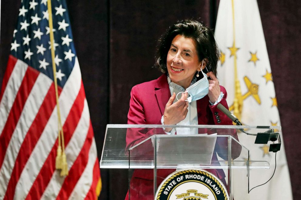 PHOTO:Gov. Gina M. Raimondo conducts a press conference at Veterans Memorial Auditorium in Providence, RI on Jan. 13, 2021. 