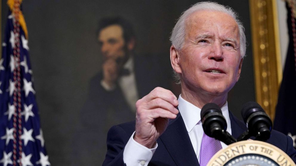 PHOTO: President Joe Biden speaks on Covid-19 response in the State Dining Room of the White House in Washington, Jan. 26, 2021. 