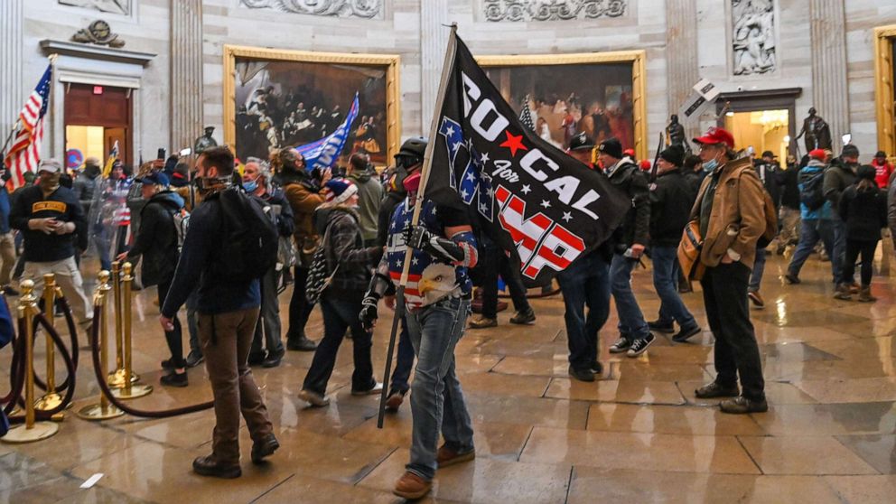 PHOTO: Supporters of President Donald Trump roam under the Capitol Rotunda after invading the Capitol building on Jan. 6, 2021, in Washington, D.C.