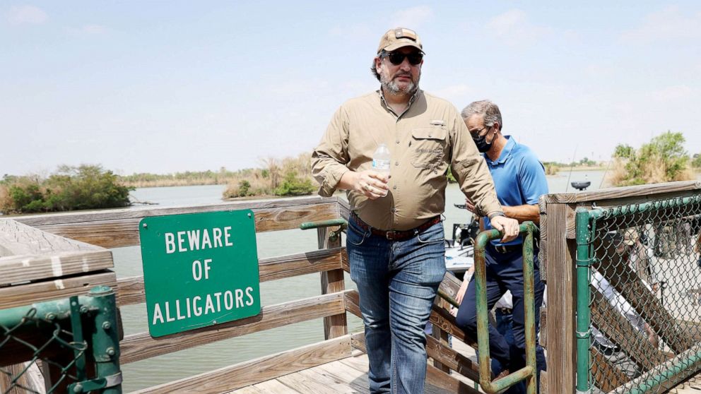 PHOTO: Sen. Ted Cruz arrives to speak to the media after a tour of part of the Rio Grande river on a Texas Department of Public Safety boat in Mission, Texas, March 26, 2021.