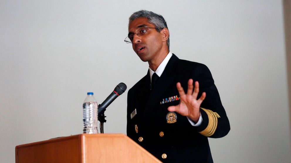 PHOTO: Surgeon General Vivek Murthy speaks at a ceremony honoring care workers, July 13, 2021, in Santa Fe, N.M. 