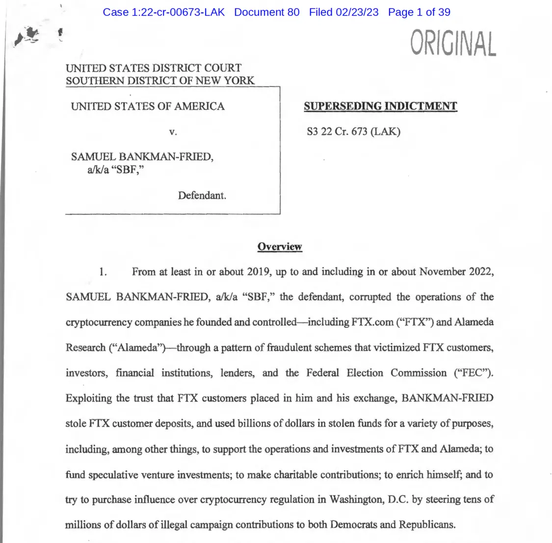 美国联邦检察官提交的替代起诉书(Superseding Indictment)