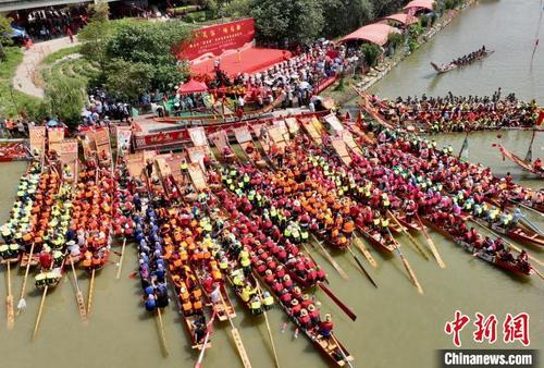 中国侨网图为百艘龙舟齐聚黄石华江竞渡盛会。　王东明　摄