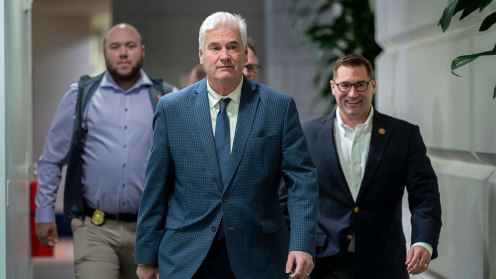 PHOTO: House Majority Whip Tom Emmer arrive at the Capitol in Washington, Oct. 16, 2023.